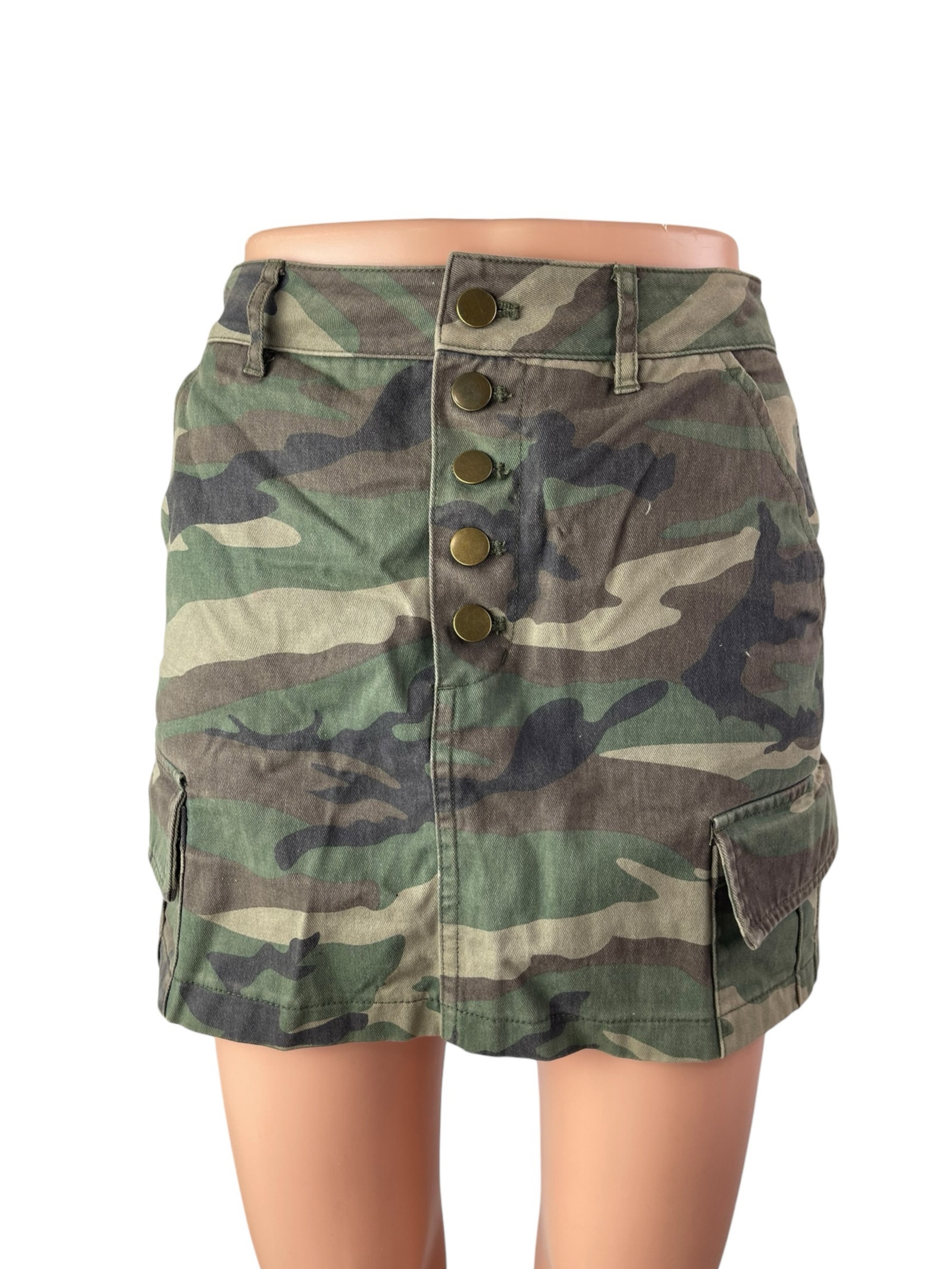 Forever 21 Women's Green Camo Army Military Button Fly Denim Jean Skirt Size S